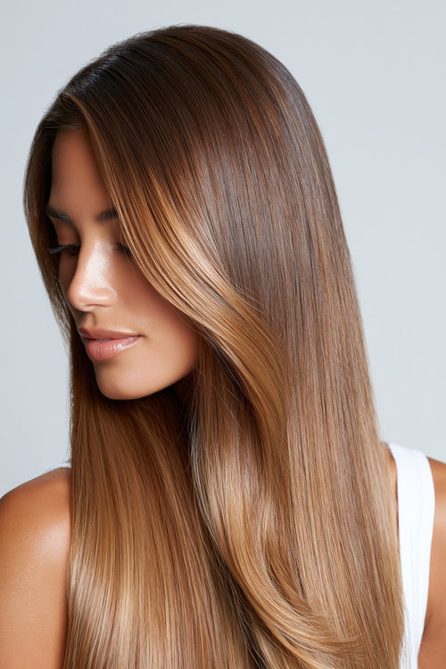 MOFRA Ombré clip-in hair extensions worn, long straight hair dark roots to blonde over the shoulder