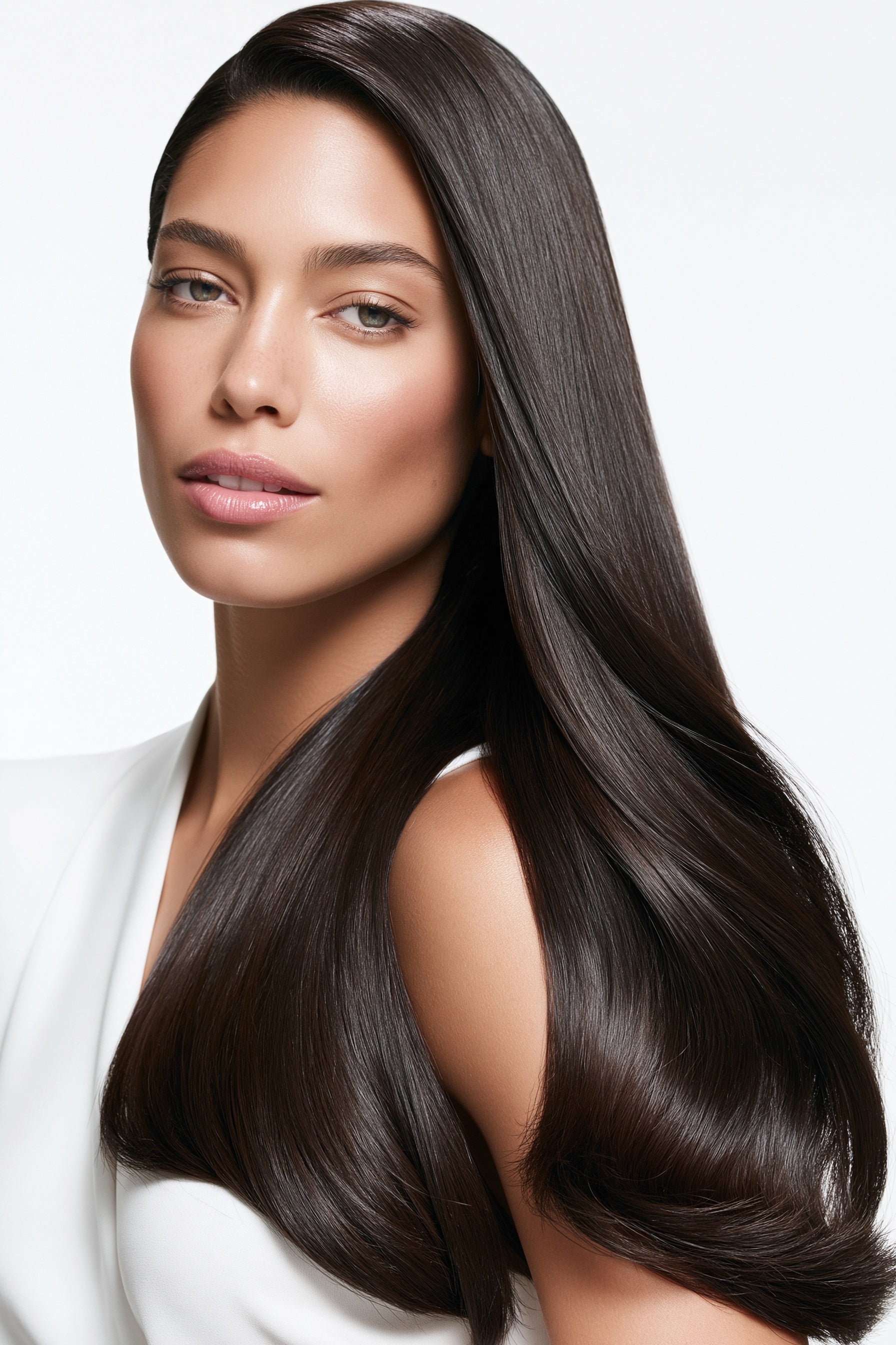 MOFRA Brun clip-in hair extensions worn, deep dark espresso brown straight hair over the shoulder
