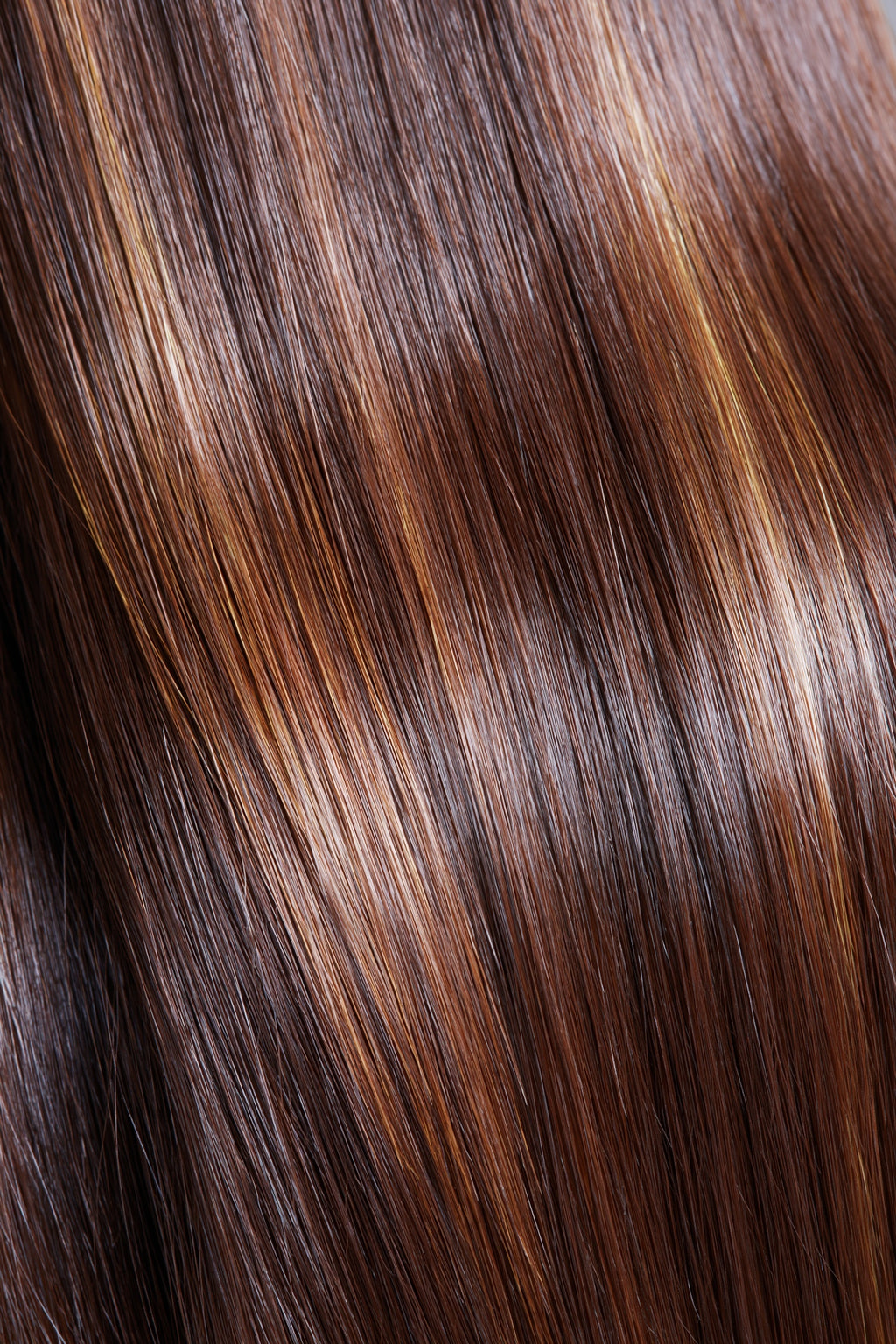 MOFRA Chocolat clip-in hair extensions texture, dark chocolate brown with caramel highlights straight strands