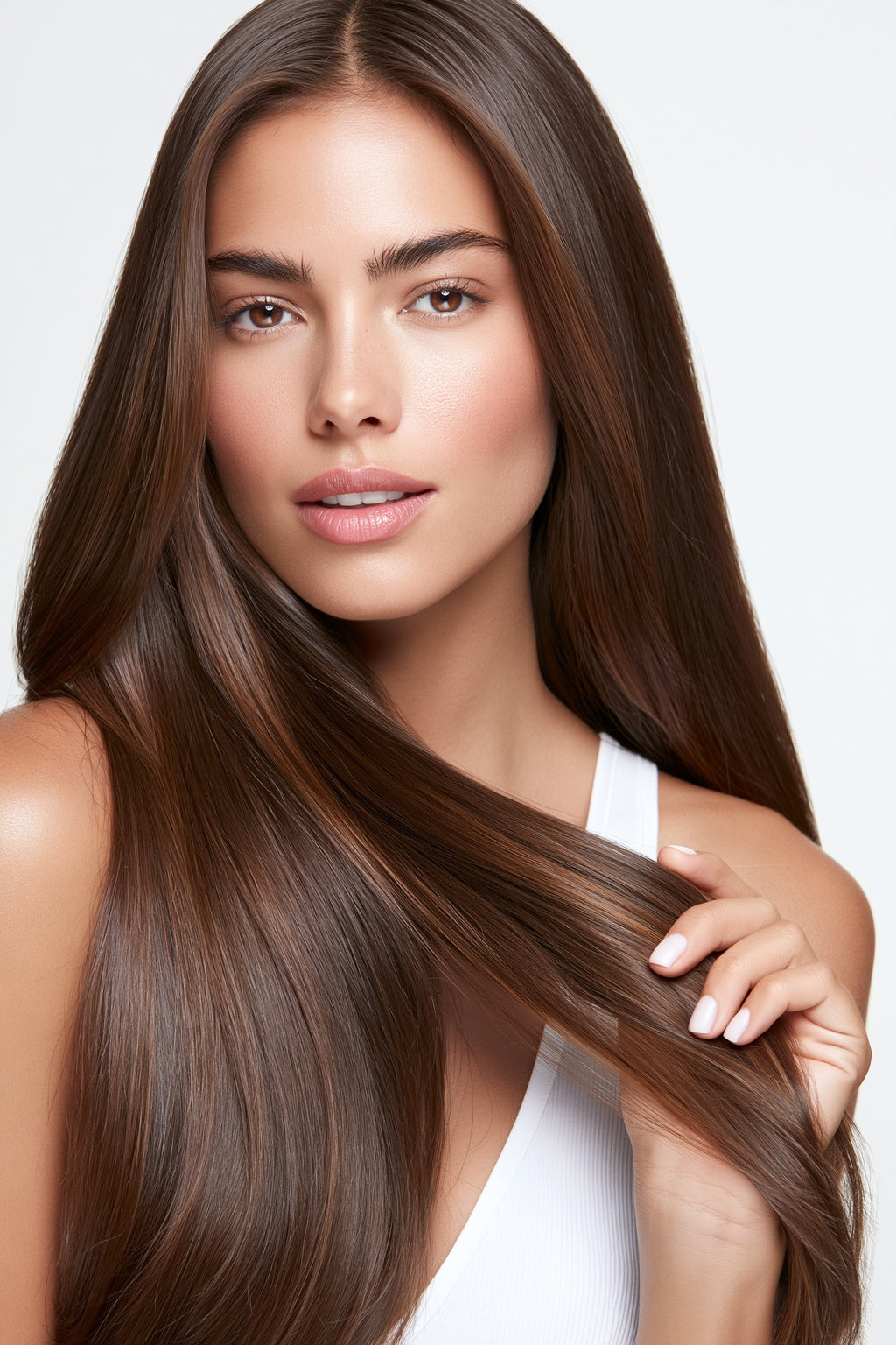 MOFRA Chocolat clip-in hair extensions worn, dark chocolate brown hair with caramel highlights over the shoulder