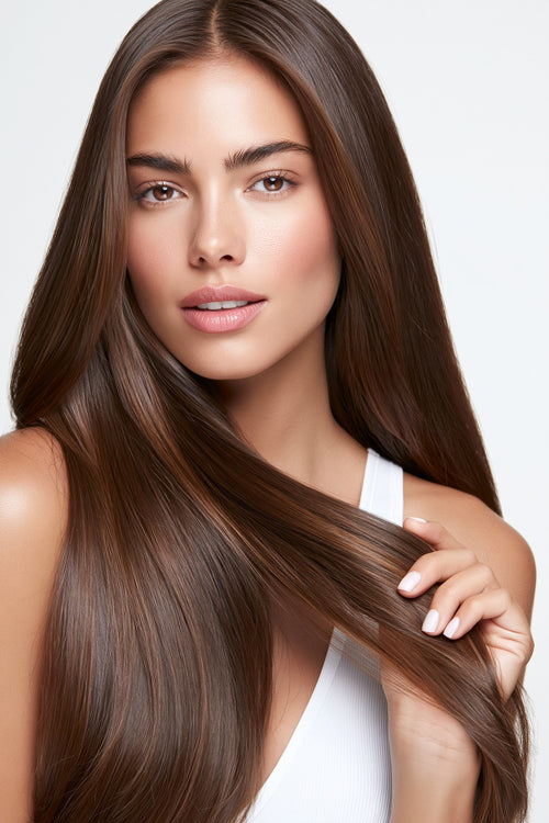 MOFRA Chocolat clip-in hair extensions worn, dark chocolate brown hair with caramel highlights over the shoulder