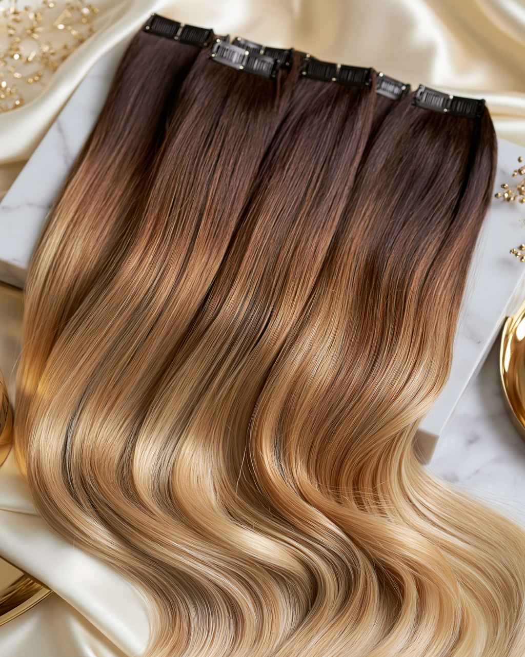 MOFRA Ombré clip-in hair extensions set, dark roots to blonde ombré, dark clips, flat lay