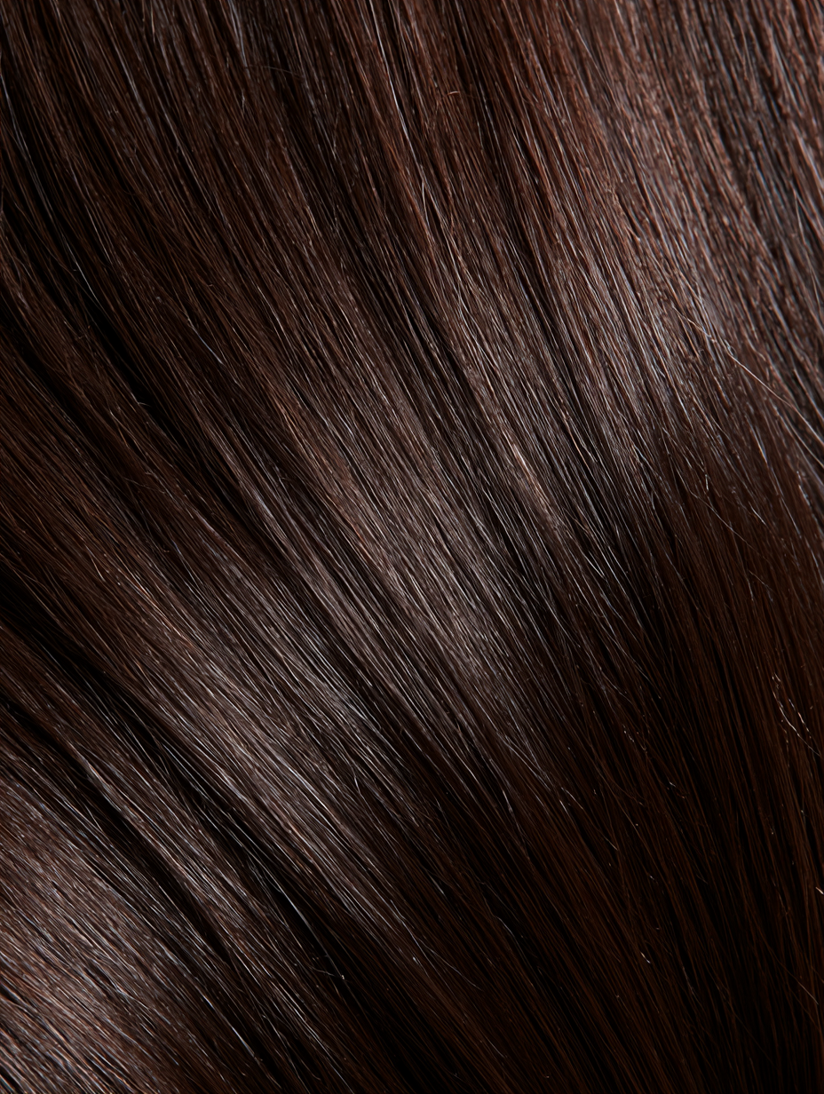 MOFRA Chocolat clip-in hair extensions texture close-up, rich warm chocolate brown straight strands