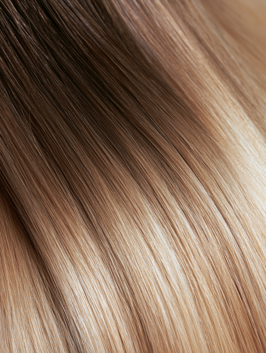 MOFRA Ombré clip-in hair extensions texture close-up, straight strands blending from dark roots to warm honey blonde