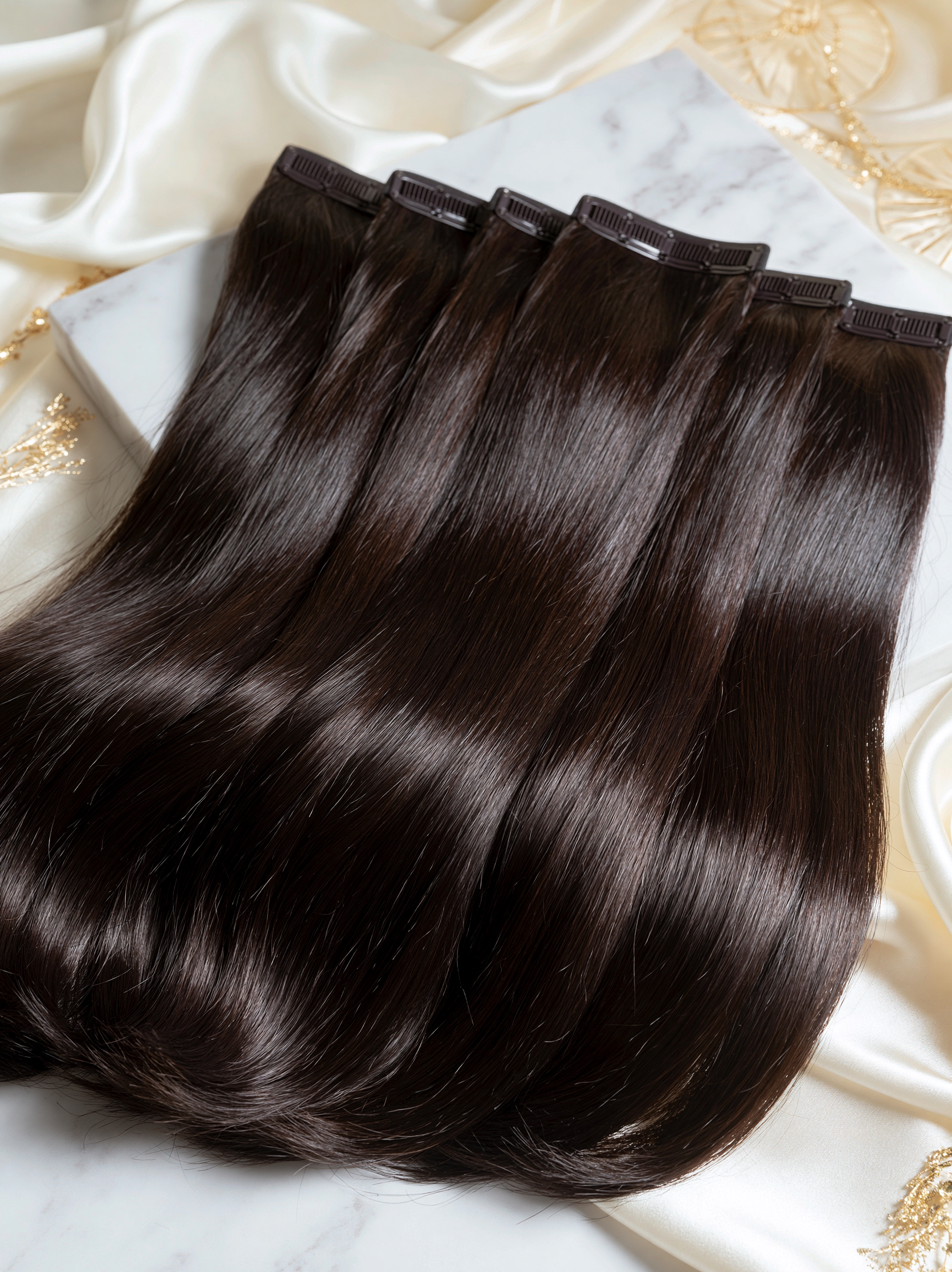 MOFRA Brun clip-in hair extensions set, deep espresso brown, flat lay