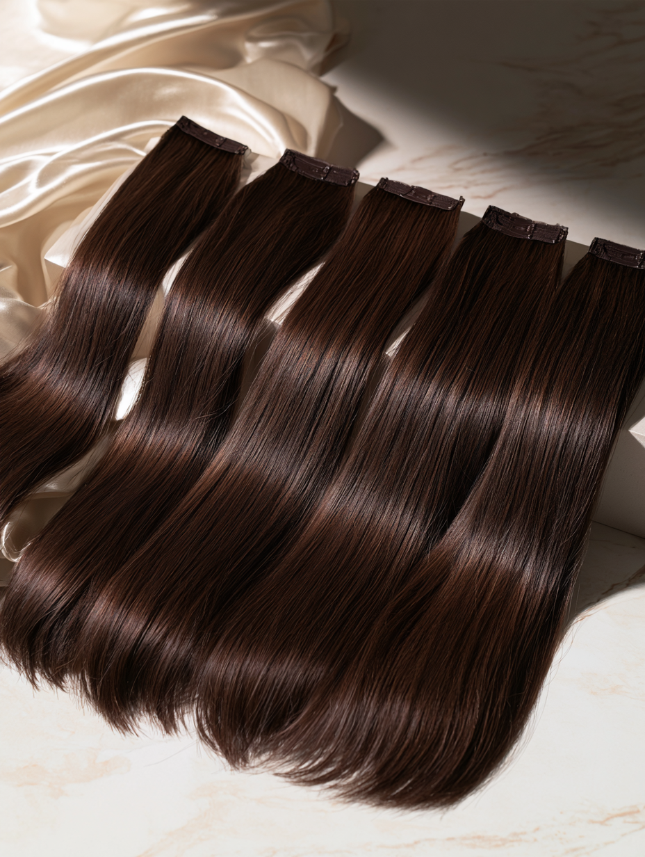 MOFRA Chocolat clip-in hair extensions, rich chocolate brown wefts on cream silk, flat lay