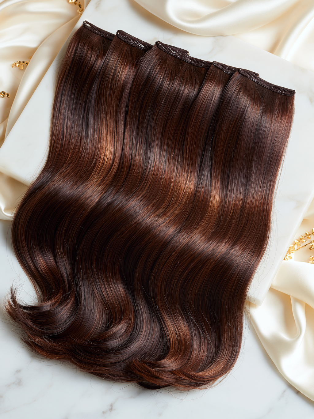 MOFRA Chocolat clip-in hair extensions set, warm chocolate brown with caramel, flat lay