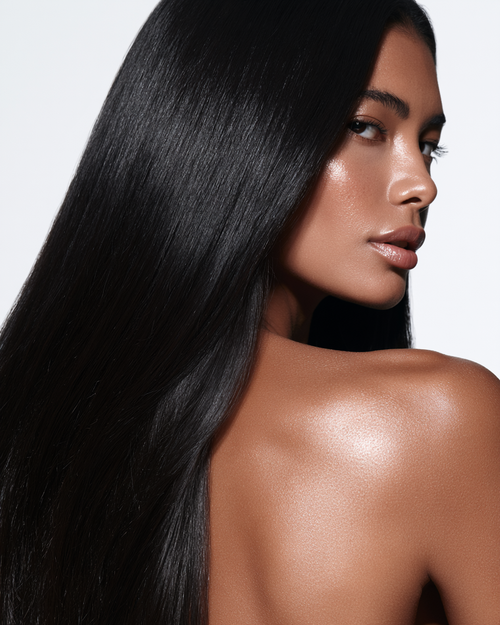 MOFRA Ébène clip-in hair extensions worn, deep glossy jet black straight hair over the shoulder