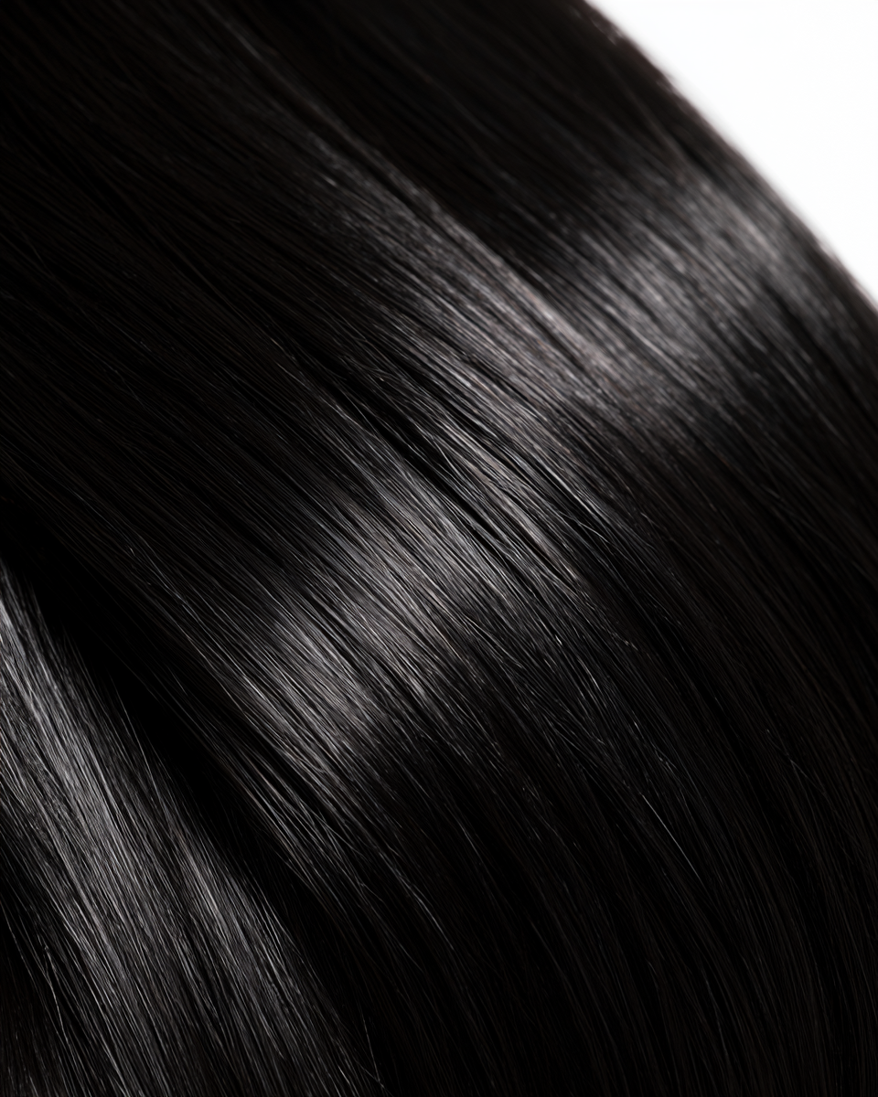 MOFRA Ébène clip-in hair extensions texture, deep jet black straight strands with mirror-like shine