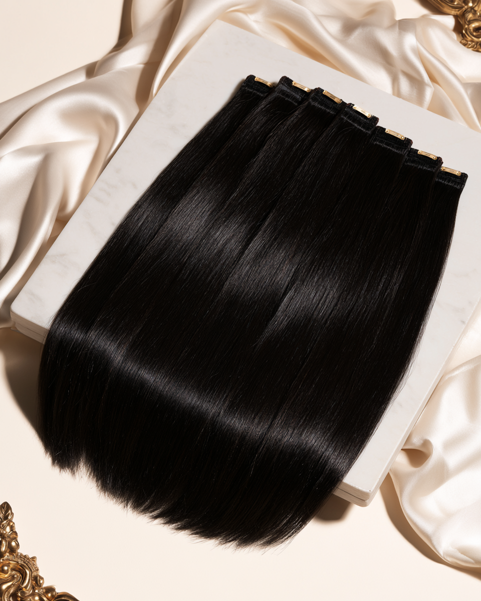 MOFRA Ébène clip-in hair extensions set, deep jet black wefts with golden clips, luxury flat lay on marble and silk
