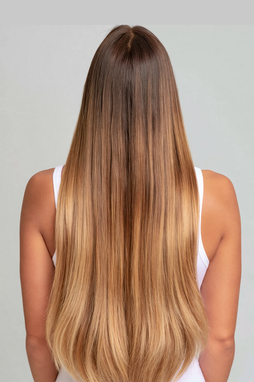 MOFRA Ombre clip-in hair extensions, back view, dark roots to blonde ombre, light grey studio background